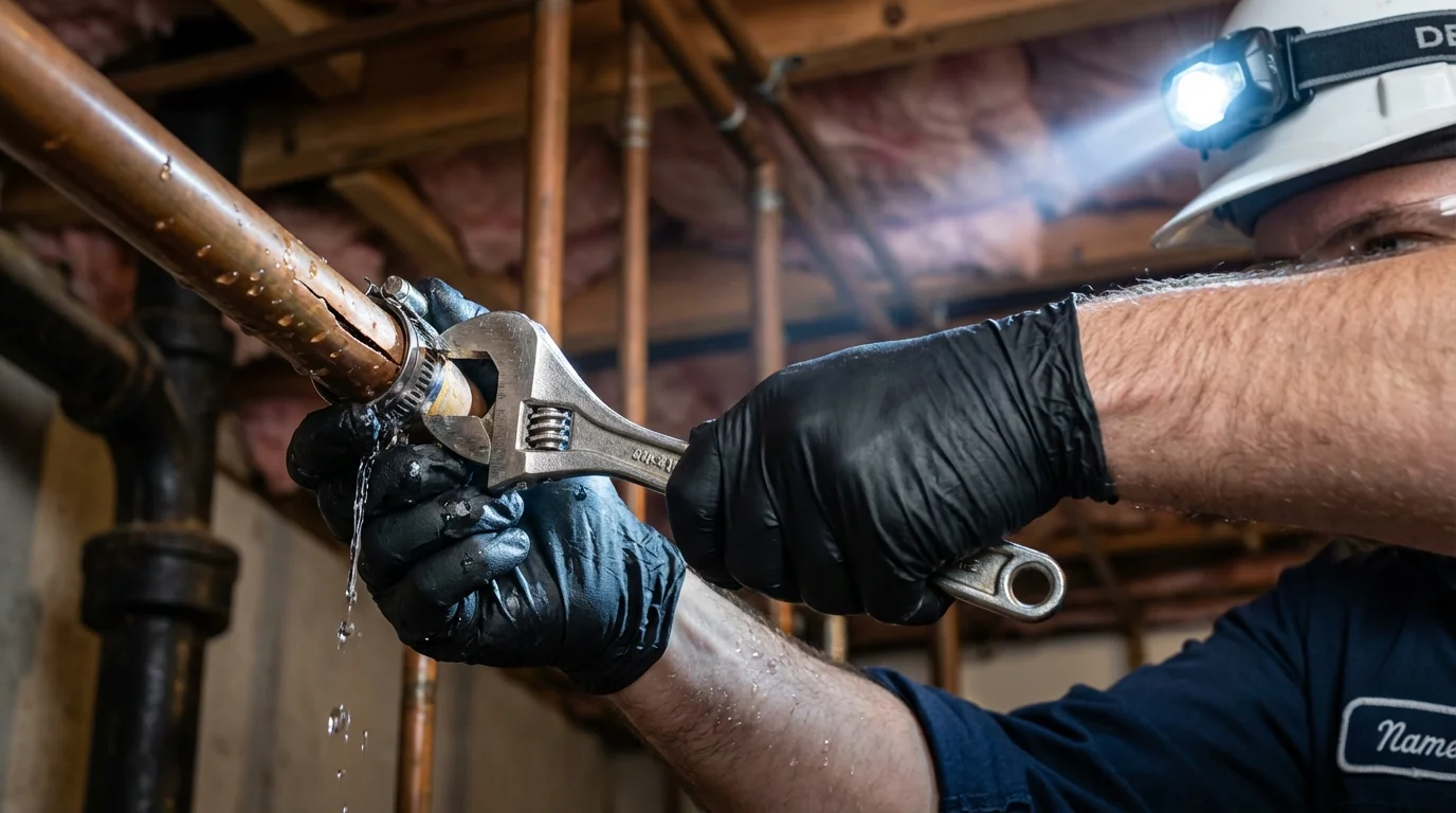 Emergency pipe clamp repair being performed by a Johns Plumbing LLC plumber in Nowata