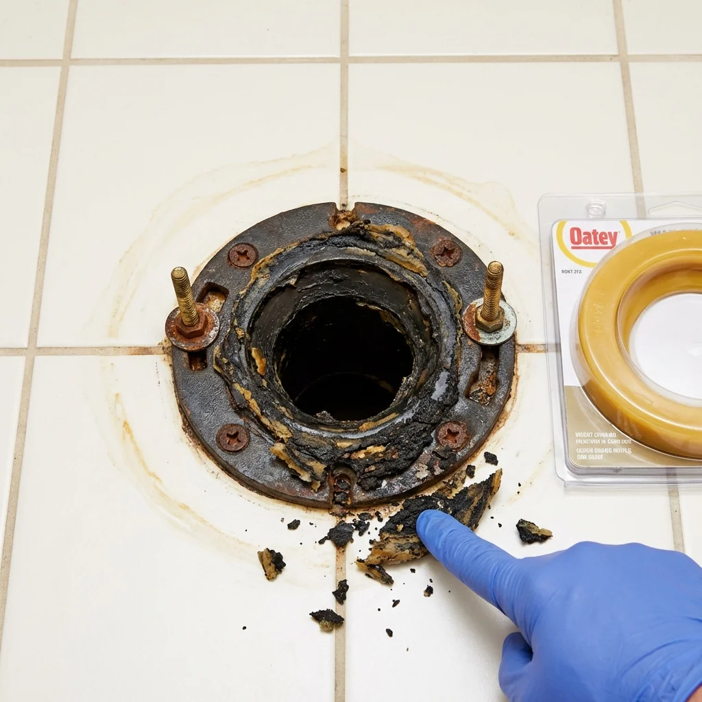 Failed wax ring showing water seepage at the base of a toilet in a Nowata, OK home