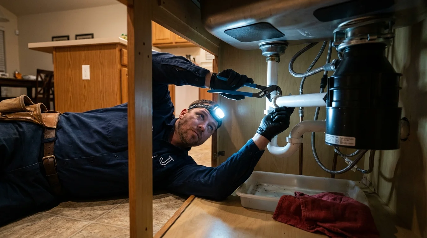 P-trap and supply line connections under a kitchen sink showing a common leak point in Nowata, OK